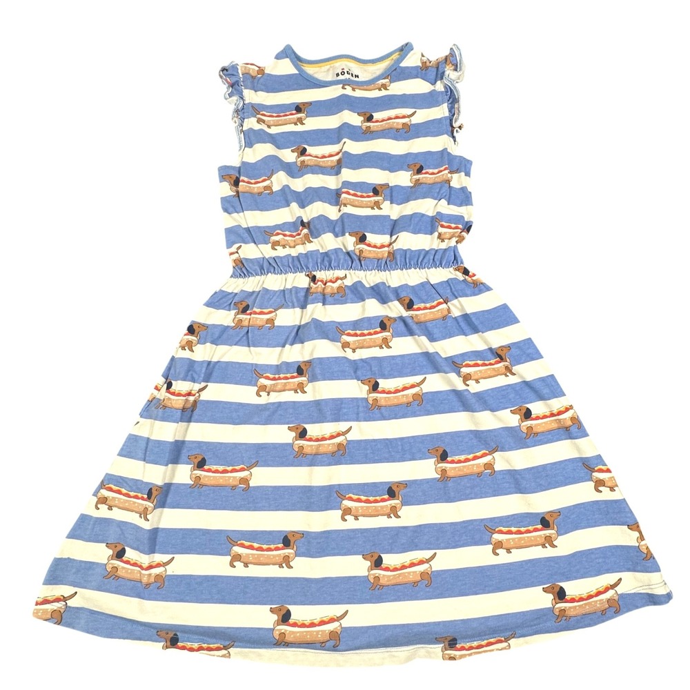 Mini Boden Girls Hot Dog Dachshund Striped Ruffle Dress Blue White 11-12Y